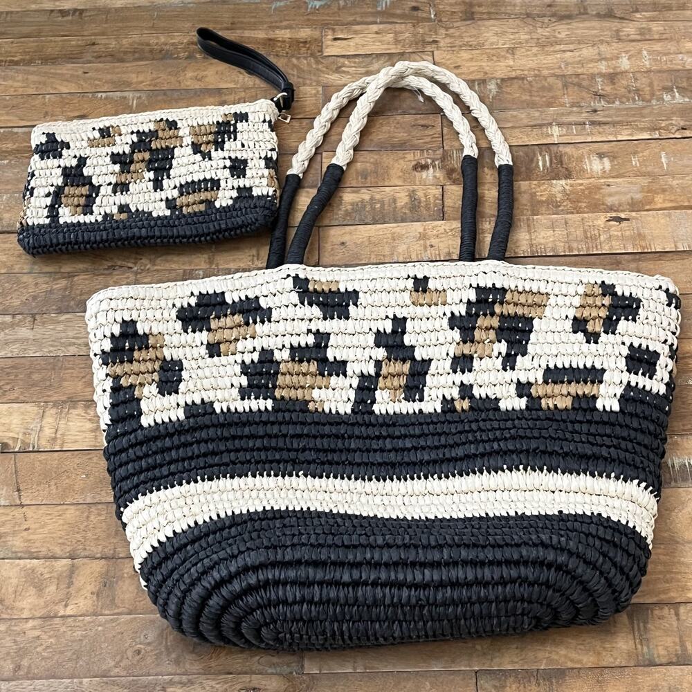 Time and Tru Black, Cream & Brown Woven Tote with Matching Wristlet